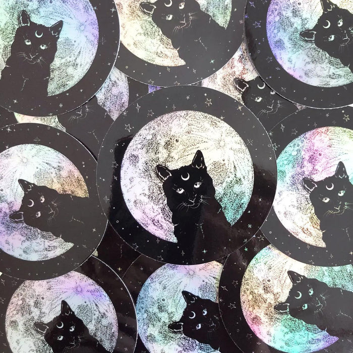 Celestial Black Cat Sticker. Cat has half moon on forehead.