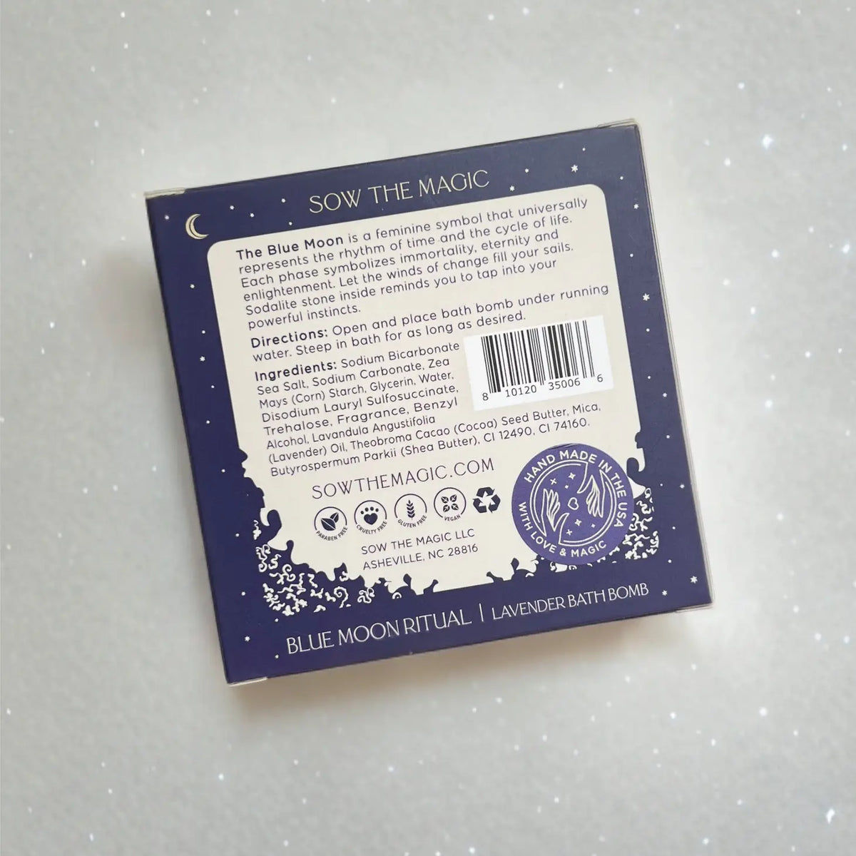 Blue Moon Lavender Bath Bomb with Sodalite- back of packaging showing description and ingredients
